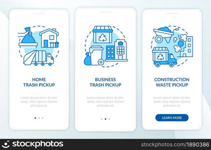 Waste collection and pickup blue onboarding mobile app page screen. Trash management walkthrough 3 steps graphic instructions with concepts. UI, UX, GUI vector template with linear color illustrations. Waste collection and pickup blue onboarding mobile app page screen