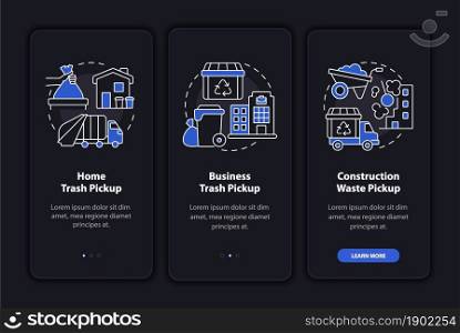 Waste collection and pickup dark onboarding mobile app page screen. Walkthrough 3 steps graphic instructions with concepts. UI, UX, GUI vector template with linear night mode illustrations. Waste collection and pickup dark onboarding mobile app page screen
