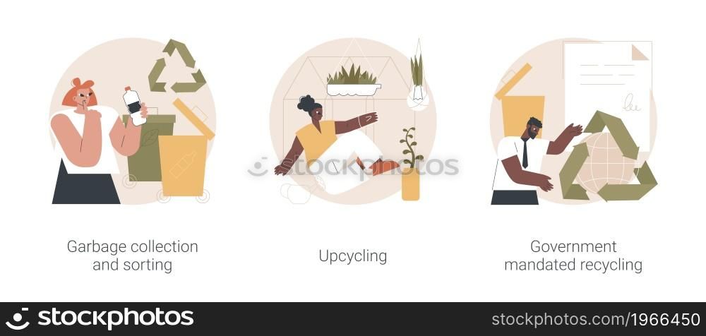 Waste collection and recycling problems abstract concept vector illustration set. Garbage sorting, upcycling, government mandated recycling, household disposal, creative reuse abstract metaphor.. Waste collection and recycling problems abstract concept vector illustrations.