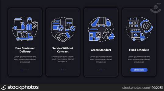 Waste collection service offers dark onboarding mobile app page screen. Walkthrough 4 steps graphic instructions with concepts. UI, UX, GUI vector template with linear night mode illustrations. Waste collection service offers dark onboarding mobile app page screen