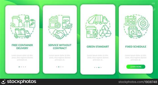 Waste collection service offers green gradient onboarding mobile app page screen. Walkthrough 4 steps graphic instructions with concepts. UI, UX, GUI vector template with linear color illustrations. Waste collection service offers green gradient onboarding mobile app page screen