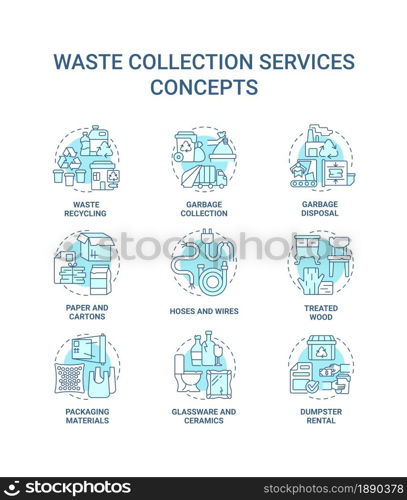 Waste collection services blue concept icons set. Recycling and disposal idea thin line color illustrations. Garbage collection. Trash types. Vector isolated outline drawings. Editable stroke. Waste collection services blue concept icons set