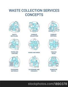 Waste collection services blue concept icons set. Recycling and disposal idea thin line color illustrations. Garbage collection. Trash types. Vector isolated outline drawings. Editable stroke. Waste collection services blue concept icons set