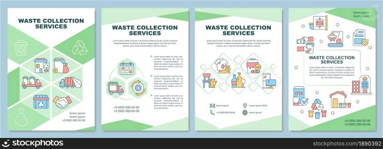 Waste collection services brochure template. Garbage management. Flyer, booklet, leaflet print, cover design with linear icons. Vector layouts for presentation, annual reports, advertisement pages. Waste collection services brochure template