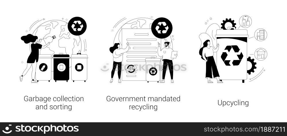 Waste disposal and reuse abstract concept vector illustration set. Garbage collection and sorting, government mandated recycling, upcycling, curbside program, reduce consumption abstract metaphor.. Waste disposal and reuse abstract concept vector illustrations.