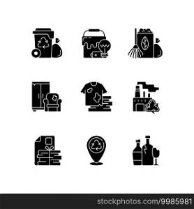 Waste disposal black glyph icons set on white space. Garbage pickup from home. Waste with hazardous properties. Grass clippings, leaves, branches. Silhouette symbols. Vector isolated illustration. Waste disposal black glyph icons set on white space