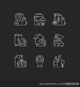 Waste disposal chalk white icons set on black background. Garbage pickup from home. Waste with hazardous properties. Grass clippings, leaves, branches. Isolated vector chalkboard illustrations. Waste disposal chalk white icons set on black background