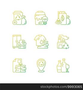 Waste disposal gradient linear vector icons set. Garbage pickup from home. Waste with hazardous properties. Thin line contour symbols bundle. Isolated vector outline illustrations collection. Waste disposal gradient linear vector icons set
