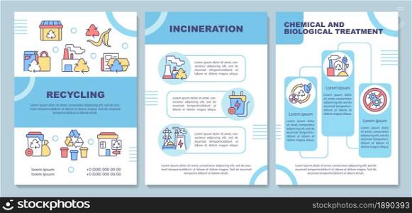 Waste disposal methods brochure template. Garbage processing. Flyer, booklet, leaflet print, cover design with linear icons. Vector layouts for presentation, annual reports, advertisement pages. Waste disposal methods brochure template