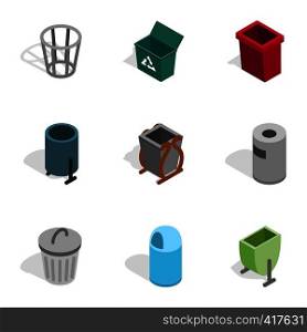 Waste equipment icons set. Isometric 3d illustration of 9 waste equipment vector icons for web. Waste equipment icons, isometric 3d style