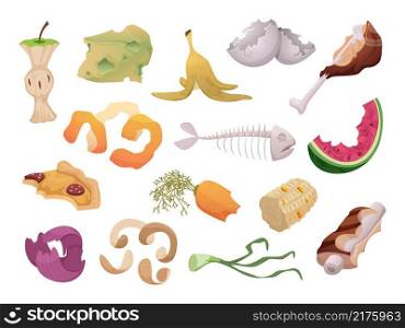 Waste foods. Recycling organic trash fruits meat vegetables fish bones waste exact vector illustrations isolated. Rotten garbage, decay banana and fish. Waste foods. Recycling organic trash fruits meat vegetables fish bones waste exact vector illustrations isolated
