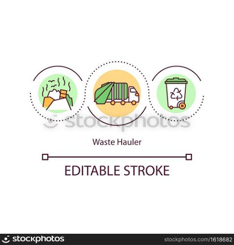 Waste hauler concept icon. Hazardous waste collection and transportation from homes. Garbage disposal idea thin line illustration. Vector isolated outline RGB color drawing. Editable stroke. Waste hauler concept icon