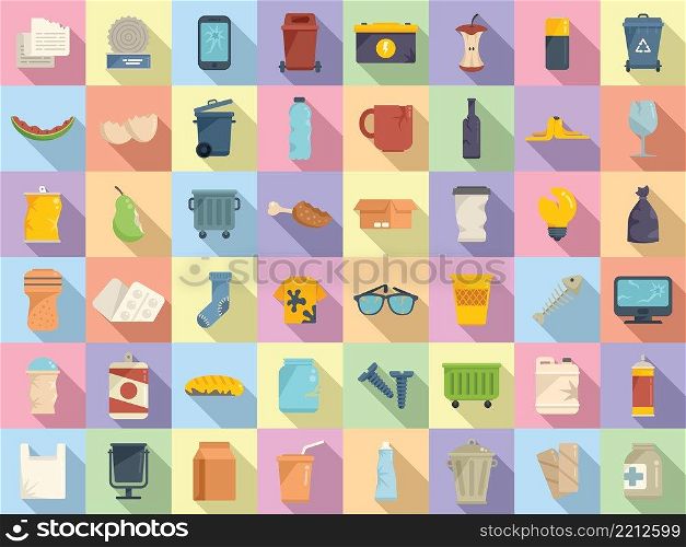 Waste icons set flat vector. Garbage food. Fresh plastic. Waste icons set flat vector. Garbage food