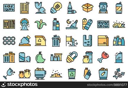 Waste icons set. Outline set of waste vector icons thin line color flat on white. Waste icons set vector flat