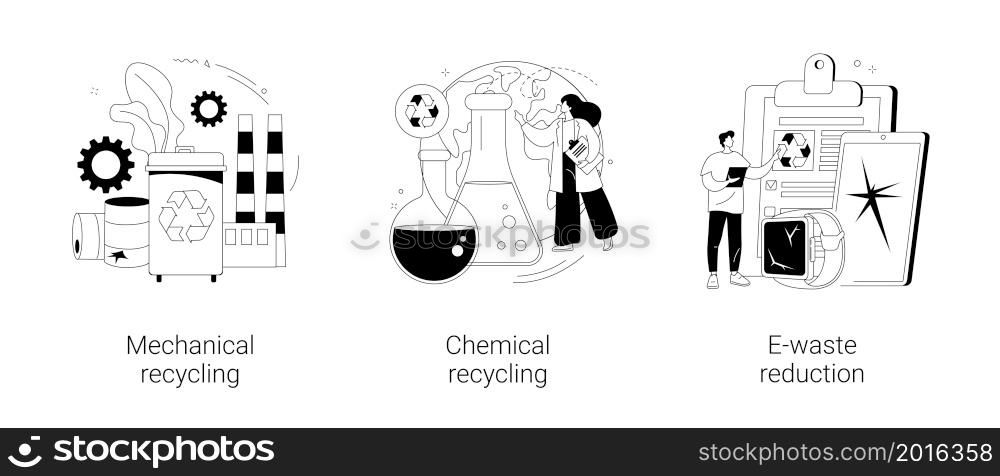 Waste management abstract concept vector illustration set. Mechanical and chemical recycling, e-waste reduction, trash disposal and utilization, electronics trade-in and reuse abstract metaphor.. Waste management abstract concept vector illustrations.