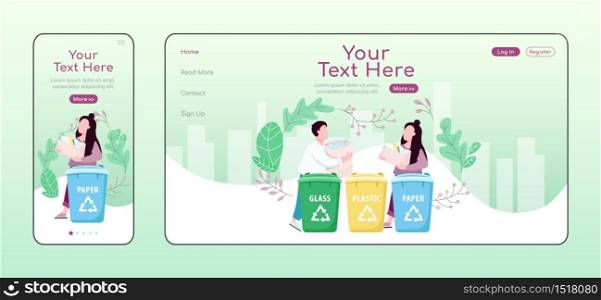 Waste management adaptive landing page flat color vector template. Garbage utilize mobile and PC homepage layout. Trash sorting one page website UI Eco friendly lifestyle webpage cross platform design