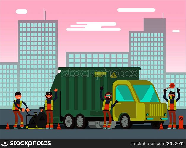 Waste management and city garbage collection for recycling vector concept with sanitation workers, garbage truck and trash bins. Trash and garbage car, illustration of container with waste. Waste management and city garbage collection for recycling vector concept with sanitation workers, garbage truck and trash bins