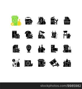 Waste management black glyph icons set on white space. Residential waste collection. Paper shredding. Grass clippings, leaves, branches. Bulky refuse. Silhouette symbols. Vector isolated illustration. Waste management black glyph icons set on white space