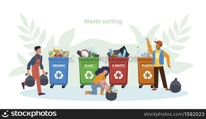 Waste management concept. Activist people throw garbage in colorful containers, women and man separate trash, pollution protection and ecology recycle vector ecological illustration for save the Earth. Waste management concept. People throw garbage in containers, women and man separate trash, pollution protection and ecology recycle vector ecological illustration for save the Earth
