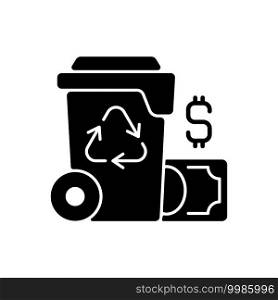 Waste management cost black glyph icon. Recycling waste costs. Source reduction. Financing and services. Ecological refuse managing. Silhouette symbol on white space. Vector isolated illustration. Waste management cost black glyph icon