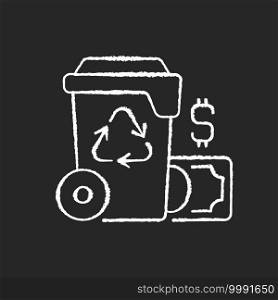 Waste management cost chalk white icon on black background. Recycling waste costs. Source reduction. Financing and services. Ecological refuse managing. Isolated vector chalkboard illustration. Waste management cost chalk white icon on black background