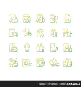 Waste management gradient linear vector icons set. Residential waste collection. Paper shredding. Grass clippings. Thin line contour symbols bundle. Isolated vector outline illustrations collection. Waste management gradient linear vector icons set