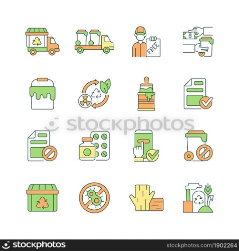Waste management RGB color icons set. Garbage processing and disposal. Recycling of waste materials. Trash management service. Isolated vector illustrations. Simple filled line drawings collection. Waste management RGB color icons set