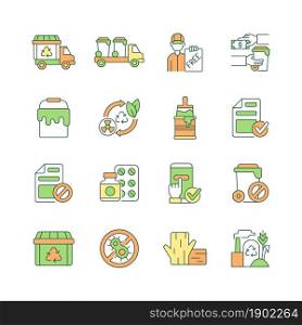 Waste management RGB color icons set. Garbage processing and disposal. Recycling of waste materials. Trash management service. Isolated vector illustrations. Simple filled line drawings collection. Waste management RGB color icons set