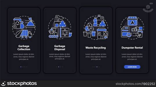 Waste management service dark onboarding mobile app page screen. Walkthrough 4 steps graphic instructions with concepts. UI, UX, GUI vector template with linear night mode illustrations. Waste management service dark onboarding mobile app page screen