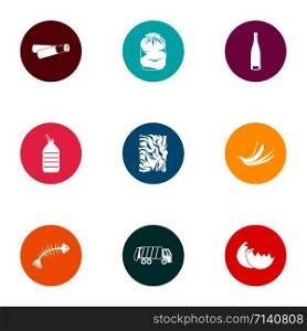 Waste product icons set. Flat set of 9 waste product vector icons for web isolated on white background. Waste product icons set, flat style