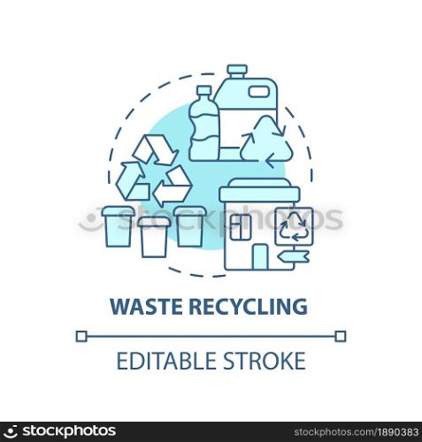Waste recycling blue concept icon. Garbage management abstract idea thin line illustration. Reprocessing materials. Plastic and paper reuse. Vector isolated outline color drawing. Editable stroke. Waste recycling blue concept icon