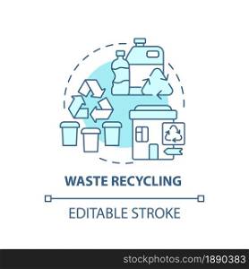 Waste recycling blue concept icon. Garbage management abstract idea thin line illustration. Reprocessing materials. Plastic and paper reuse. Vector isolated outline color drawing. Editable stroke. Waste recycling blue concept icon