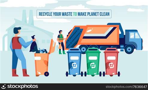 Waste recycling composition with editable text and view of garbage truck and collectors near waste bins vector illustration