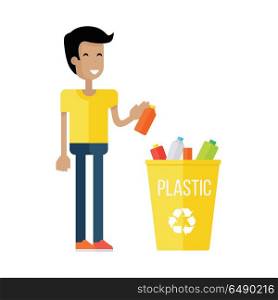Waste Recycling Concept. Waste recycling concept. Boy in yellow t-shirt and blue pants taking out the trash in yellow recycle garbage bin with plastic. Sorting process different types of waste. Environment protection.