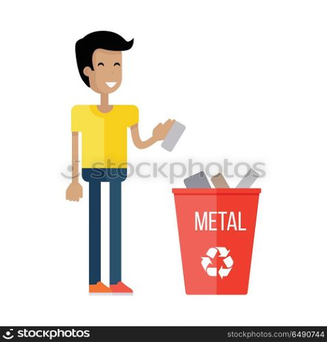 Waste Recycling Concept. Waste recycling concept. Boy in yellow t-shirt and blue pants taking out the trash in red recycle garbage bin with metal. Sorting process different types of waste. Environment protection.