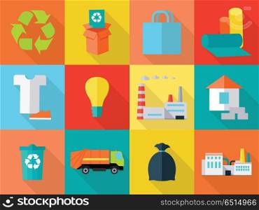 Waste Recycling Icons Sign Symbols. Sorting Waste. Waste recycling icons sign symbols. Sorting waste as paper, glass, plastic, cloth, rubber. Environmental protection. Garbage destroying. Eco plants and fabrics. Flat style design. Vector illustration