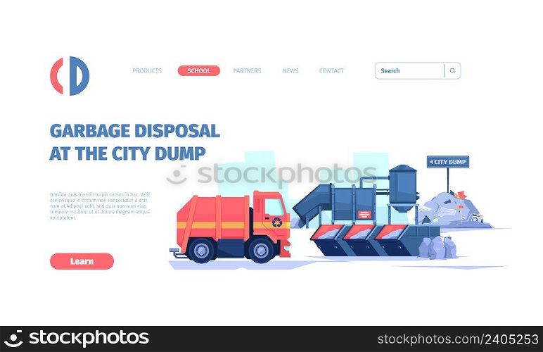 Waste recycling landing. Industry cleaning from garbage separated plastic waste industry vehicle garish vector web page templates. Illustration of cleaning industrial and rubbish page disposal. Waste recycling landing. Industry cleaning from garbage separated plastic waste industry vehicle garish vector web page templates