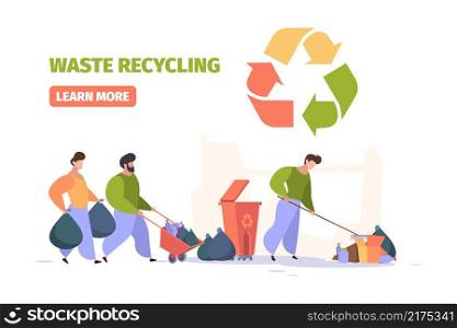 Waste recycling. People save nature cleaning plastic waste disposables industry line employee garish vector concept colored composition. Recycle garbage and save, cleaning nature. Waste recycling. People save nature cleaning plastic waste disposables industry line employee garish vector concept colored composition