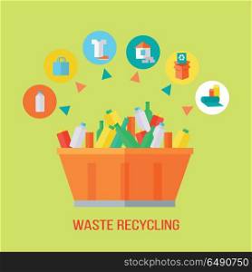 Waste Recycling Process. Rubbish Bin. Waste recycling process. Rubbish bin with different trash. Sorting waste as paper, glass, plastic, cloth, rubber. Environmental protection. Garbage destroying. Flat style design. Vector illustration