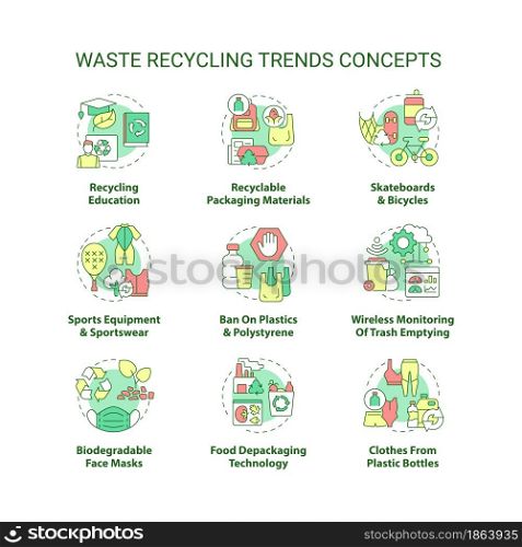 Waste recycling trends concept icons set. Environmental protection. Reduction in environmental pollution idea thin line color illustrations. Vector isolated outline drawings. Editable stroke. Waste recycling trends concept icons set