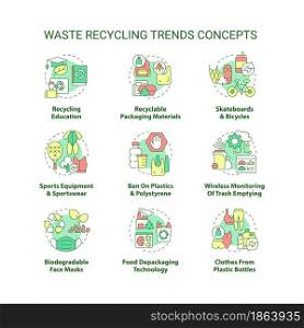 Waste recycling trends concept icons set. Environmental protection. Reduction in environmental pollution idea thin line color illustrations. Vector isolated outline drawings. Editable stroke. Waste recycling trends concept icons set