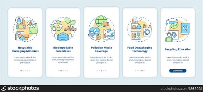 Waste recycling trends onboarding mobile app page screen. Biodegradable products walkthrough 5 steps graphic instructions with concepts. UI, UX, GUI vector template with linear color illustrations. Waste recycling trends onboarding mobile app page screen