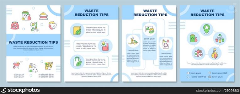 Waste reduction tips brochure template. Reuse and recycle. Booklet print design with linear icons. Vector layouts for presentation, annual reports, ads. Arial-Black, Myriad Pro-Regular fonts used. Waste reduction tips brochure template