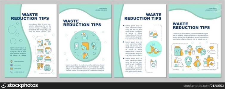 Waste reduction tips mint brochure template. Reuse and recycle. Booklet print design with linear icons. Vector layouts for presentation, annual reports, ads. Arial, Myriad Pro-Regular fonts used. Waste reduction tips mint brochure template