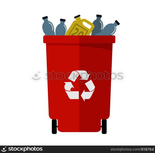 Waste segregation and garbage recycling sorts and categories. Colored recycle bin vector illustrations. Plastic, glass, and bottle waste types.
