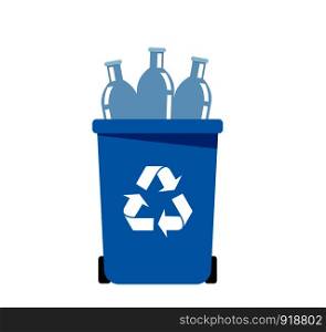 Waste segregation and garbage recycling sorts and categories. Colored recycle bin vector illustrations. Plastic, glass, and bottle waste types.