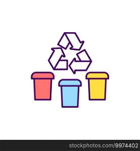 Waste segregation RGB color icon. Separating waste for facilitate recycling. Dividing trash into dry and wet. Sorting into rubbish categories. Proper garbage disposal. Isolated vector illustration. Waste segregation RGB color icon