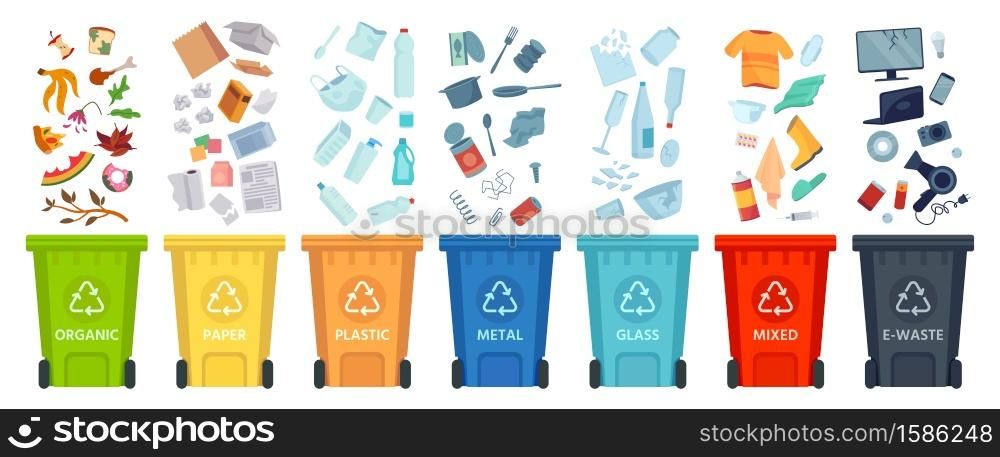 Waste segregation. Sorting garbage by material and type in colored trash cans. Separating and recycling garbage vector infographic. Garbage and trash, ecology rubbish recycling illustration. Waste segregation. Sorting garbage by material and type in colored trash cans. Separating and recycling garbage vector infographic