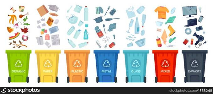 Waste segregation. Sorting garbage by material and type in colored trash cans. Separating and recycling garbage vector infographic. Garbage and trash, ecology rubbish recycling illustration. Waste segregation. Sorting garbage by material and type in colored trash cans. Separating and recycling garbage vector infographic