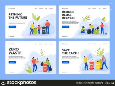 Waste separation and recycle. Environment care, people sort garbage in containers for recycling to stop pollution and preservation of environment landing page template. Eco friendly lifestyle. Waste separation and recycle. Environment care, people sort garbage in containers for recycling to stop pollution and preservation of environment landing page template. Rubbish sorting webpage design